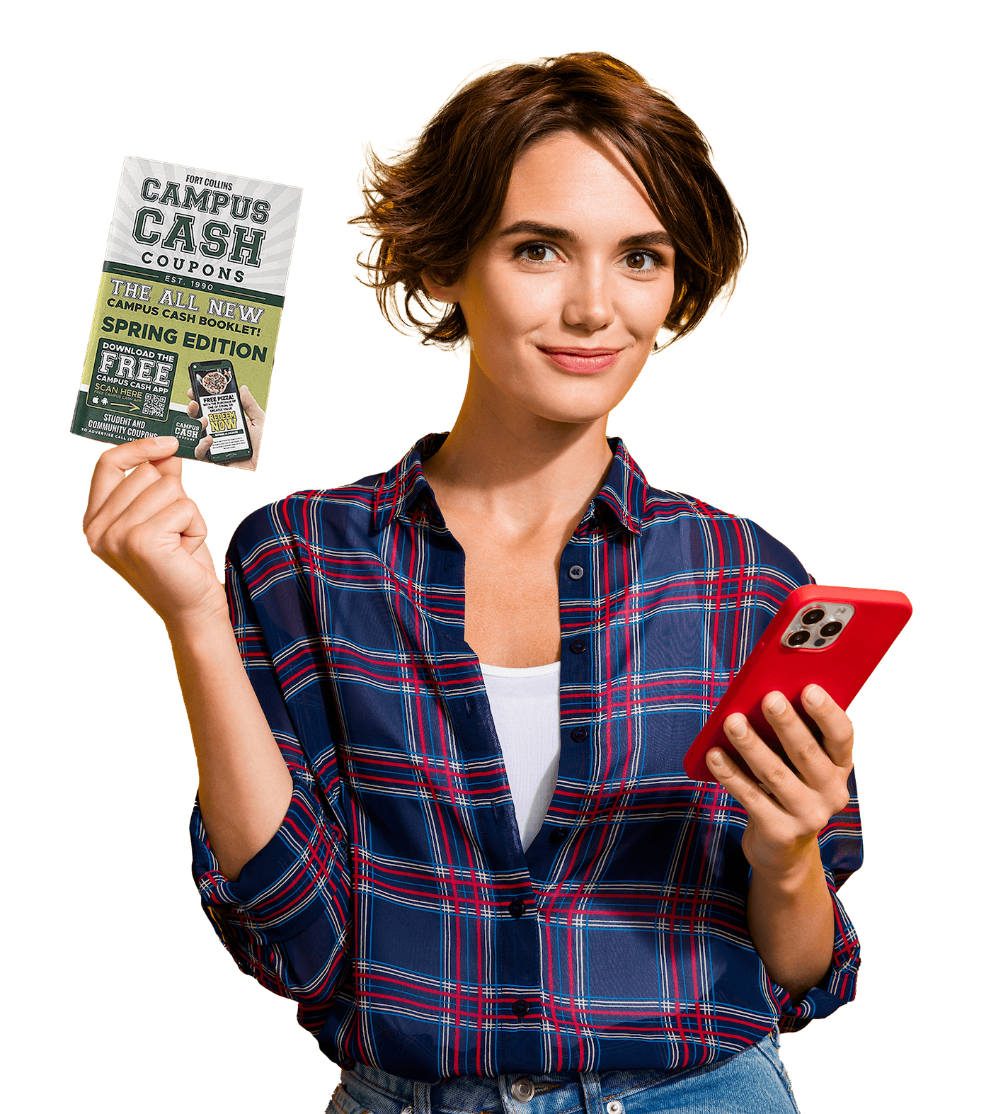 Girl with book and app original woman holding the campus cash book in one hand and her phone in hte ohter