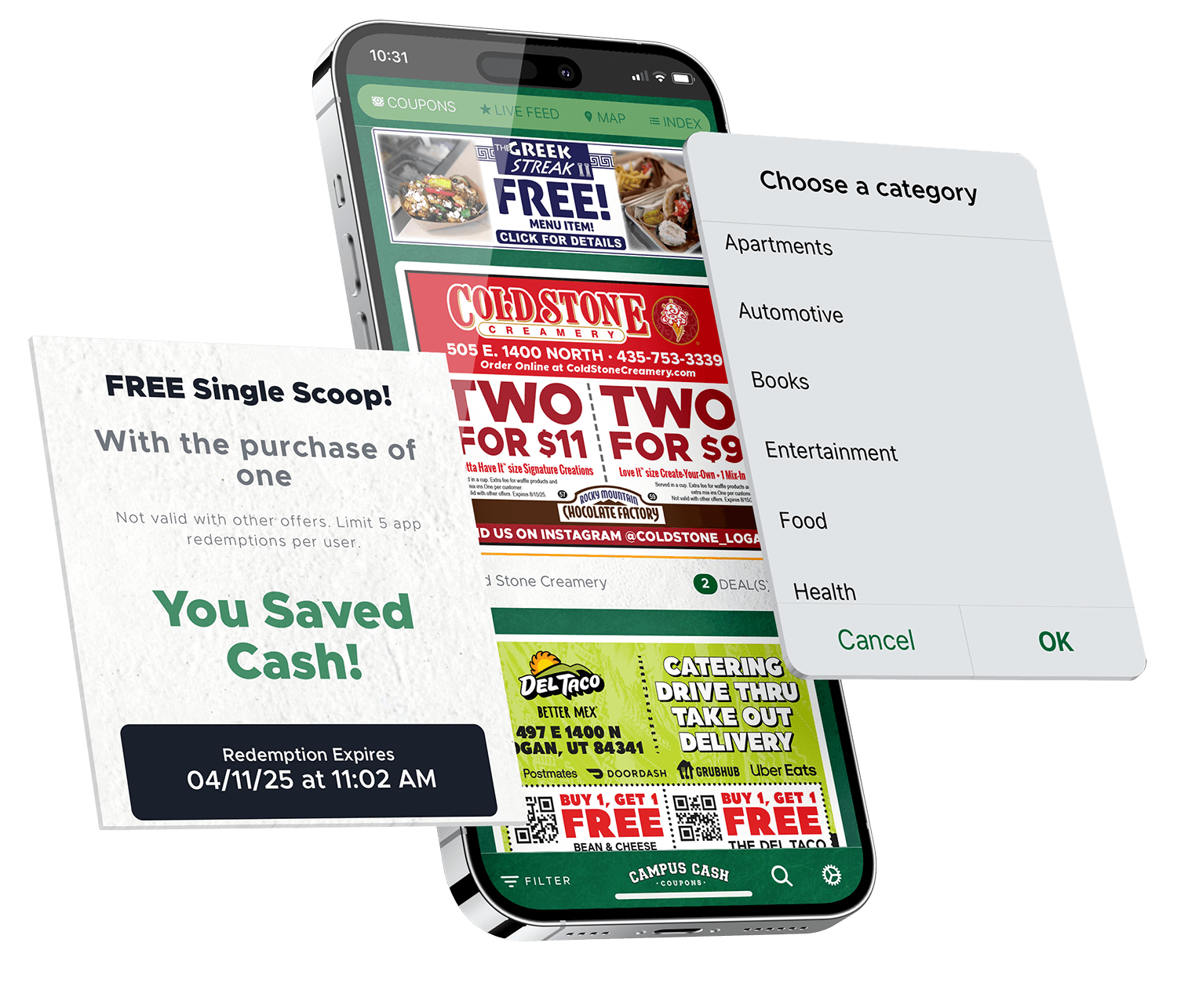 App Mobile Screen Mockup-campus cash App screen shot showing category selection