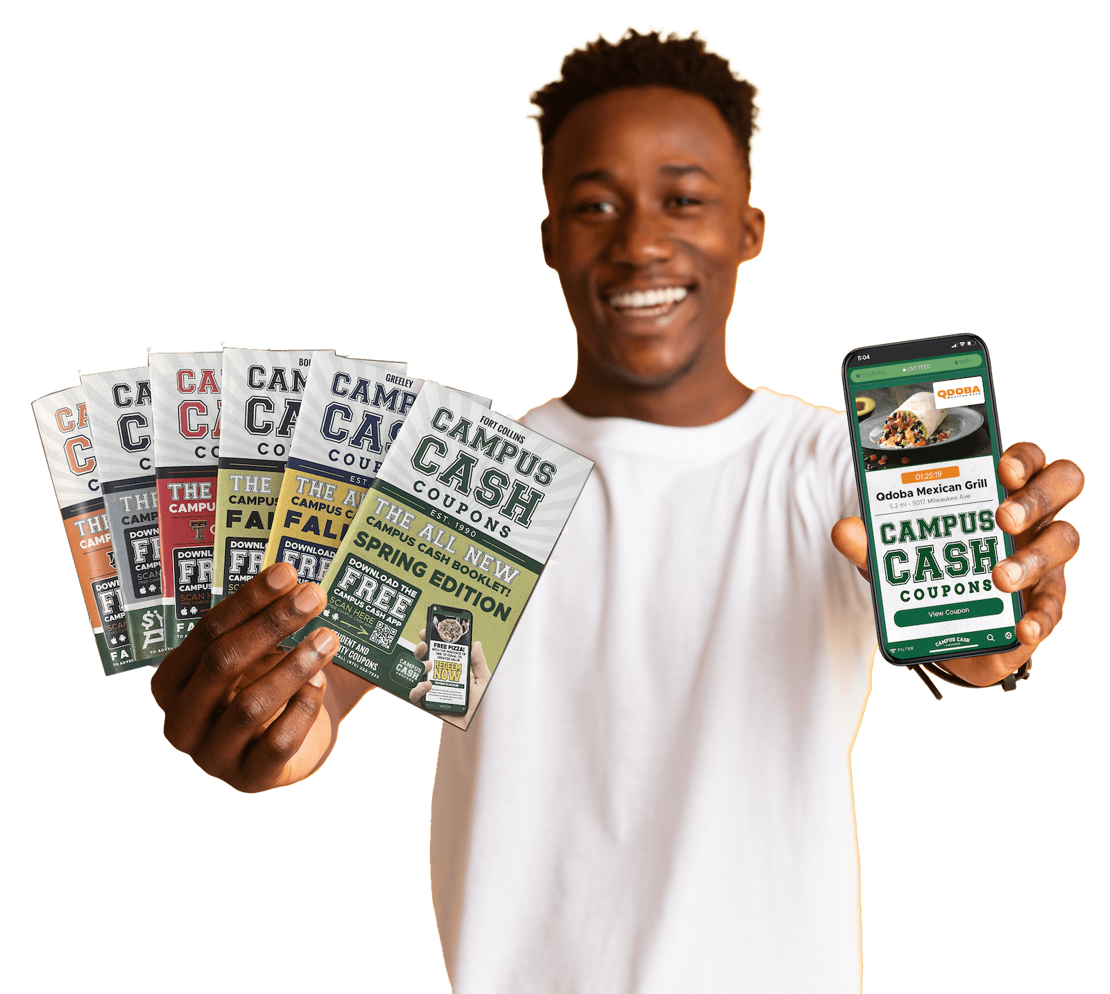 campus cash guy with books and app Man holding campus cash books in one hand and phone with campus cash app in the other